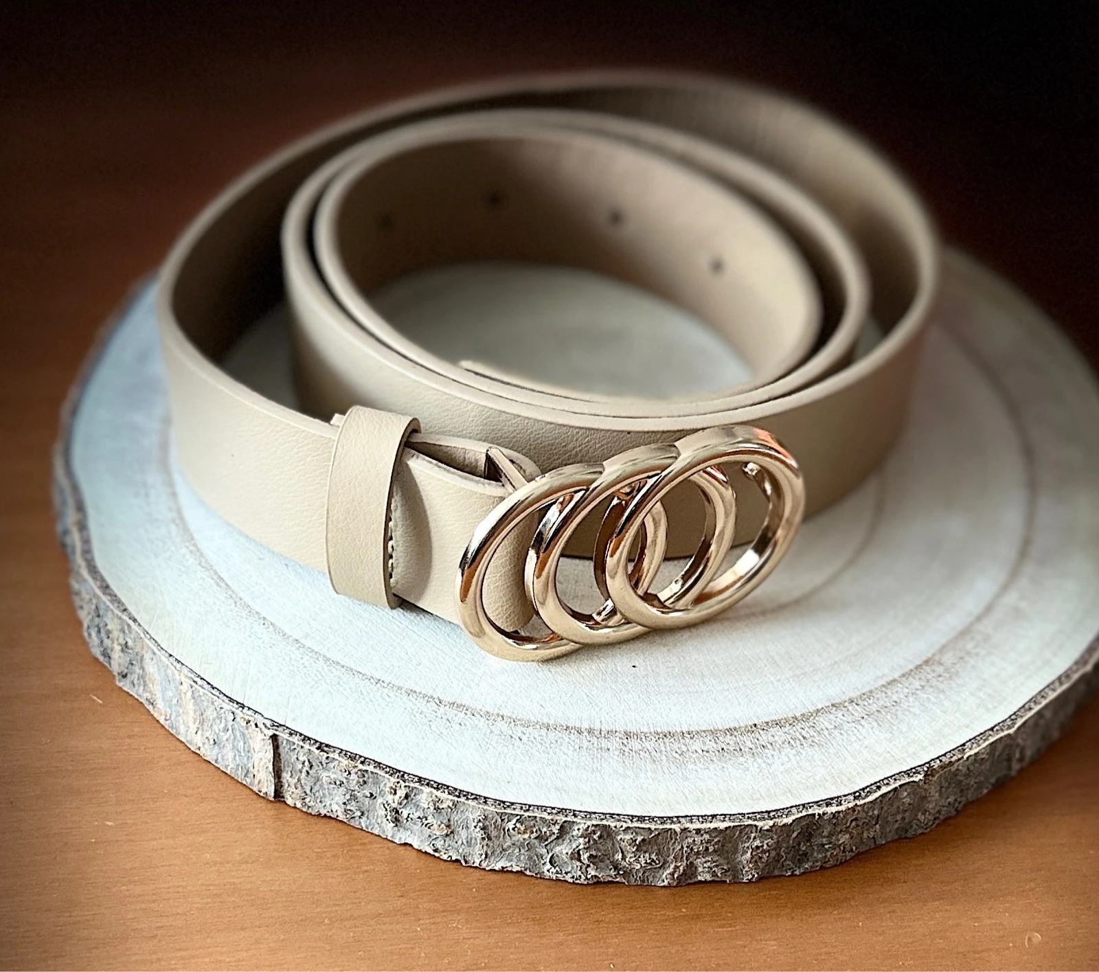 Ceinture beige avec boucle triple anneau doré 🌟 Chic & Minimaliste 100cm – photo 2